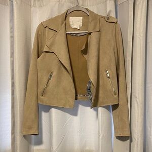 Anthropologie Tan Faux Suede Moto Cropped Trench Jacket size small